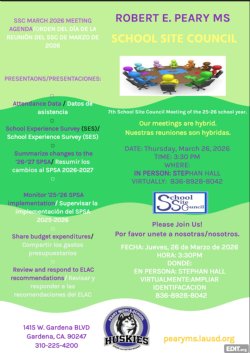 ¡Por favor, únete a nosotros para nuestra reunión de la ELAC de marzo de 2026!Husky Families, Please join us for  the March 2026 School Site Council Meeting!